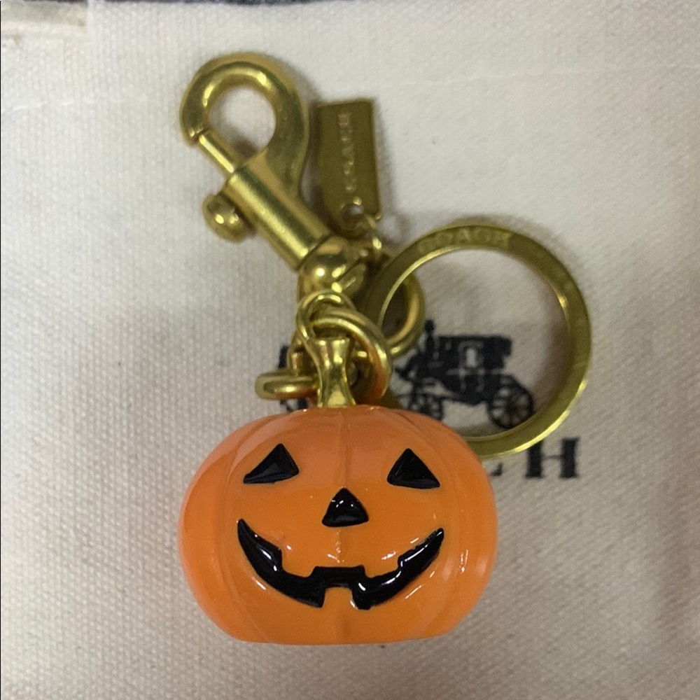 Coach Kids Orange Pumpkin Face Key Charm with Gold Hardware